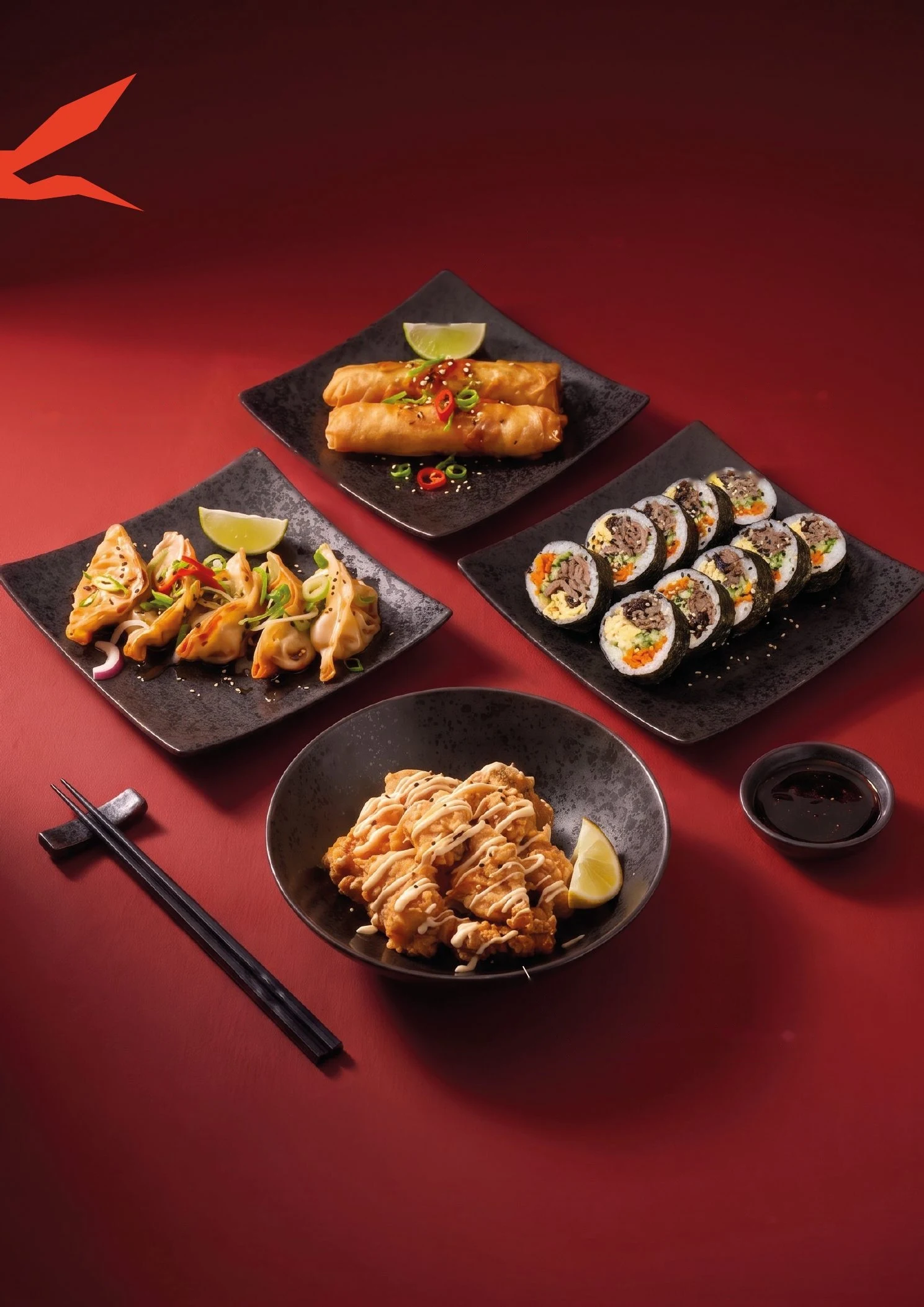 Asijské tapas, gyoza a karaage kuře SATÉ